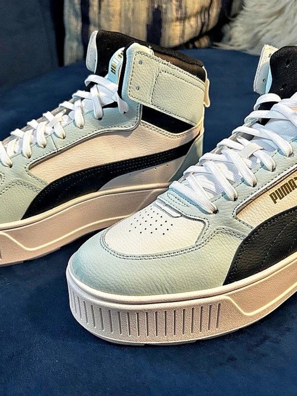 Puma Cali Wedge High Top Sneakers White, Black and Baby Blue